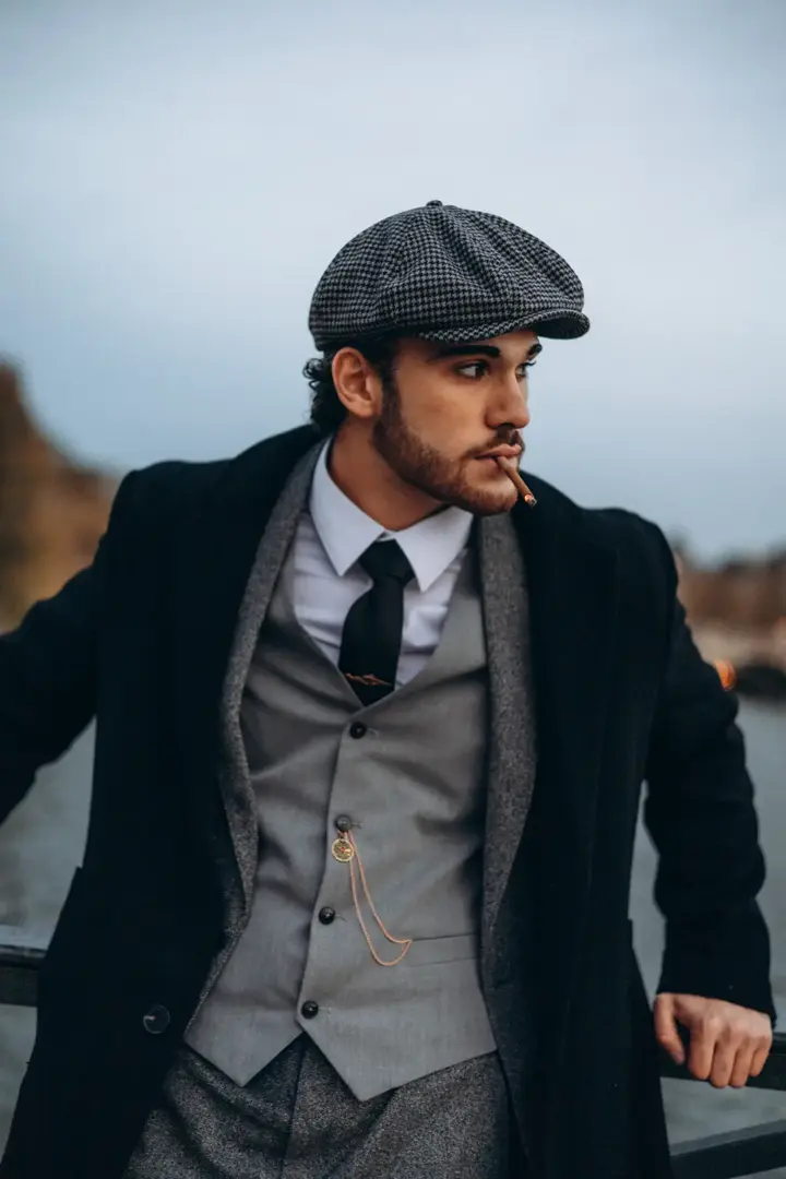 Man Peaky Blinders style cap suit Paris cinematic portrait